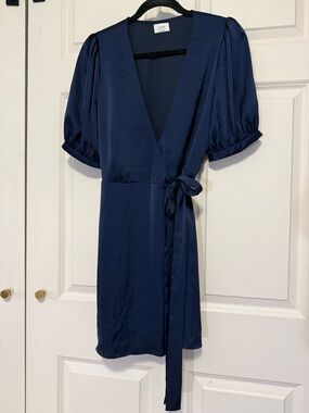 Aritzia Wilfred Satin Wrap Mini Dress in Deep Navy